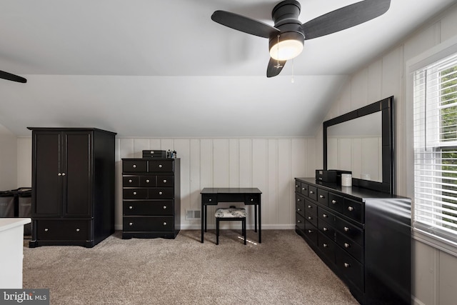 2619 Poplar Dr, Baltimore, MD 21207 - bedroom featuring a decorative wall, lofted ceiling, carpet flooring, and ceiling fan