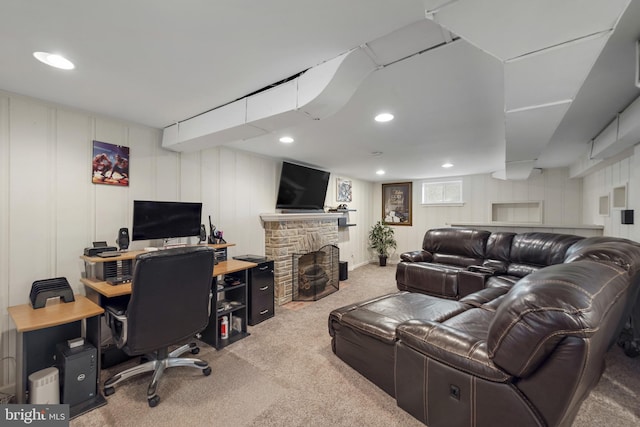 2619 Poplar Dr, Baltimore, MD 21207 - carpeted office featuring a decorative wall, a fireplace, and recessed lighting