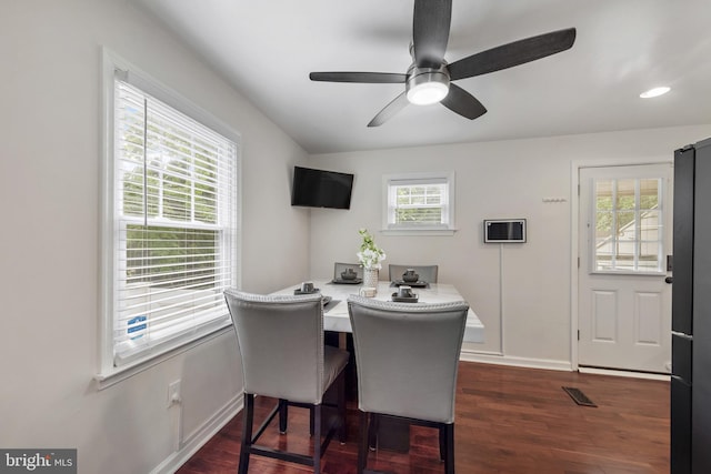 2619 Poplar Dr, Baltimore, MD 21207 - dining room featuring dark wood-style floors, ceiling fan, and an office area