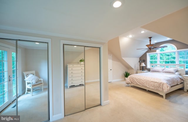 496 Black Swan Ln, Berwyn, PA 19312 - bedroom featuring multiple closets, light colored carpet, recessed lighting, crown molding, and lofted ceiling