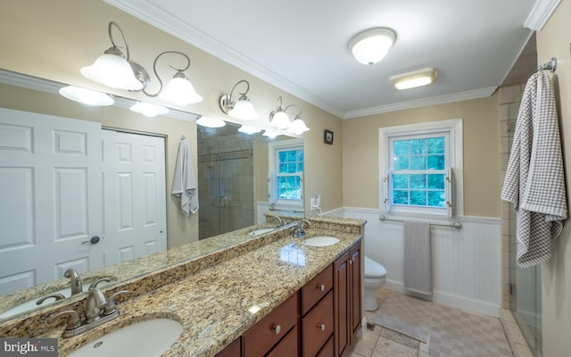 496 Black Swan Ln, Berwyn, PA 19312 - full bathroom featuring a shower stall, double vanity, ornamental molding, and wainscoting