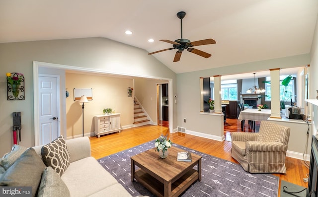 496 Black Swan Ln, Berwyn, PA 19312 - living area with a ceiling fan, lofted ceiling, stairs, ornate columns, and recessed lighting