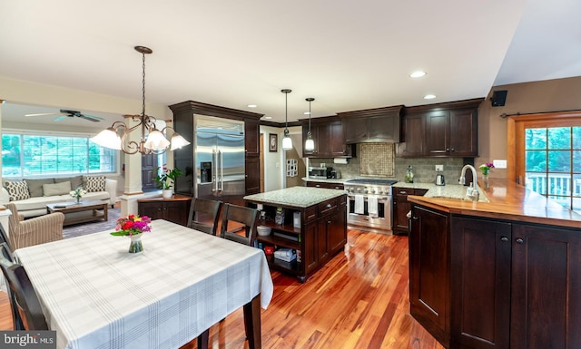 496 Black Swan Ln, Berwyn, PA 19312 - kitchen with high end appliances, dark brown cabinets, light wood-style floors, healthy amount of natural light, and recessed lighting