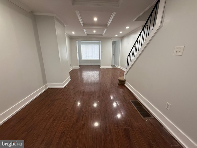 1447 S 28th St, Philadelphia, PA 19146 - hallway with crown molding, coffered ceiling, dark wood-style floors, recessed lighting, and stairs