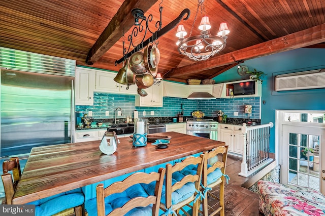 36155 Chamblin Mill Ln, Purcellville, VA 20132 - kitchen featuring a wood ceiling with exposed beams, high end appliances, a chandelier, backsplash, and white cabinetry