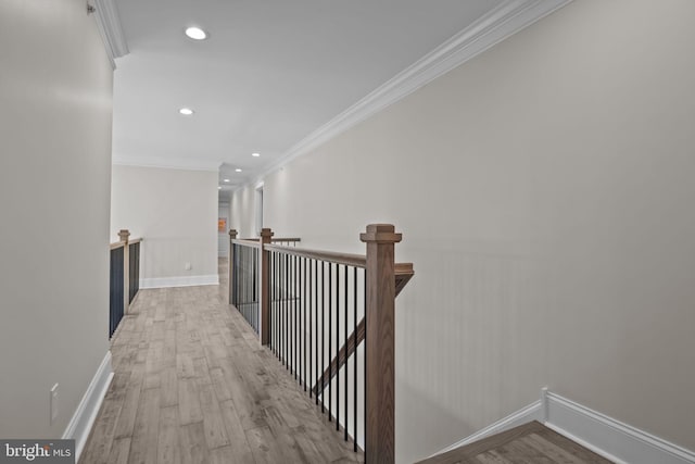4245 Mechanicsville Rd, Doylestown, PA 18902 - corridor featuring crown molding, light wood finished floors, recessed lighting, and an upstairs landing