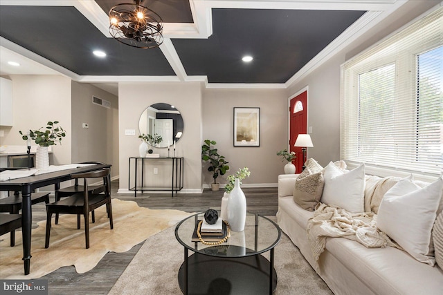 105 Concove Way, Havre De Grace, MD 21078 - living room with a chandelier, wood finished floors, recessed lighting, crown molding, and coffered ceiling