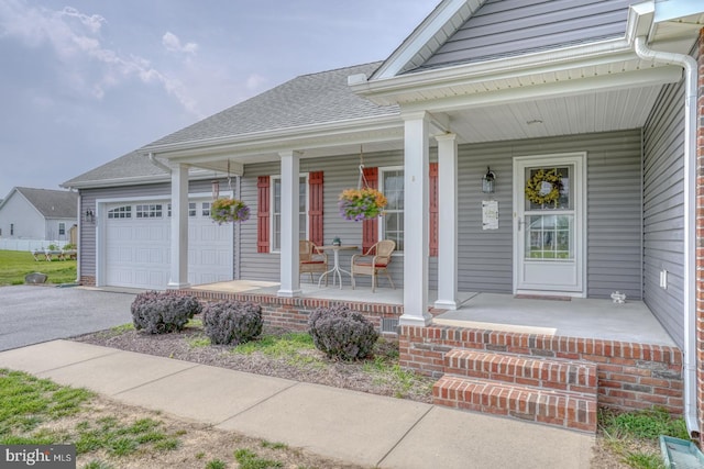 132 Nightingale Dr, Milford, DE 19963 - doorway to property featuring covered porch, an attached garage, asphalt driveway, and roof with shingles