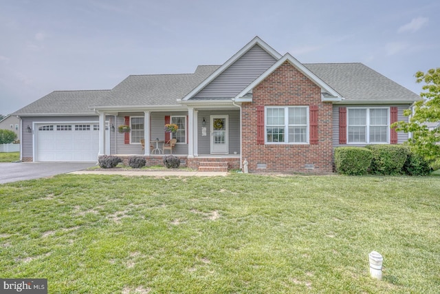 132 Nightingale Dr, Milford, DE 19963 - view of front of property with a porch, an attached garage, driveway, a front yard, and crawl space