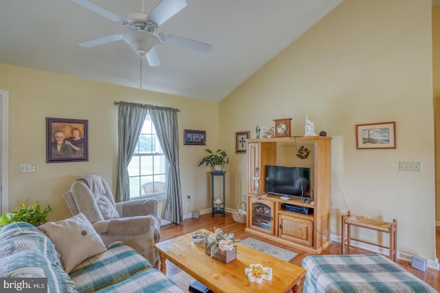 132 Nightingale Dr, Milford, DE 19963 - living area with a ceiling fan, high vaulted ceiling, and wood finished floors