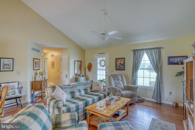 132 Nightingale Dr, Milford, DE 19963 - living room with light wood-type flooring, ceiling fan, and high vaulted ceiling