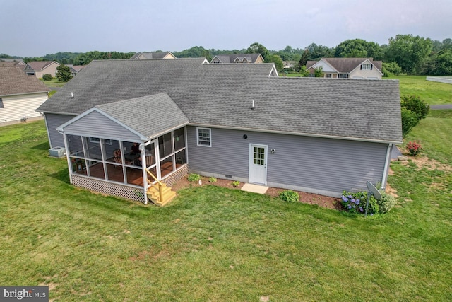 132 Nightingale Dr, Milford, DE 19963 - back of house featuring a sunroom, a shingled roof, a yard, and crawl space