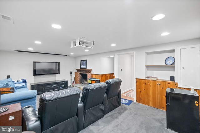 5114 14th St N, Arlington, VA 22205 - living room featuring a brick fireplace, light carpet, and recessed lighting