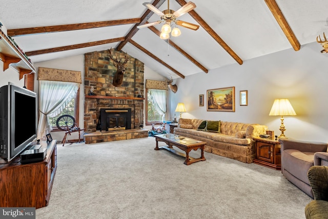 12810 Kending Ln, Clear Spring, MD 21722 - carpeted living room featuring ceiling fan and a large fireplace