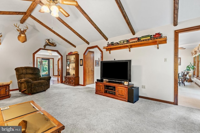 12810 Kending Ln, Clear Spring, MD 21722 - living room featuring a ceiling fan, light carpet, and arched walkways