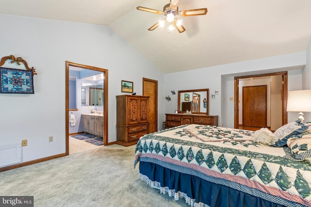 12810 Kending Ln, Clear Spring, MD 21722 - bedroom with vaulted ceiling, light carpet, ensuite bathroom, and a ceiling fan