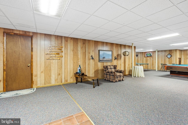 12810 Kending Ln, Clear Spring, MD 21722 - game room with carpet, billiards, wood walls, and a paneled ceiling