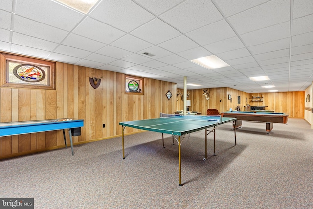 12810 Kending Ln, Clear Spring, MD 21722 - rec room featuring carpet flooring, a paneled ceiling, billiards table, and wooden walls