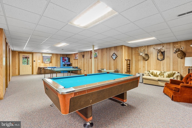 12810 Kending Ln, Clear Spring, MD 21722 - game room with carpet flooring, wooden walls, a paneled ceiling, and billiards table
