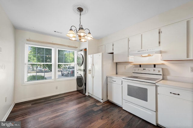 208 Kimberly Way, Winchester, VA 22601 - kitchen with white appliances, under cabinet range hood, stacked washer / drying machine, a chandelier, and white cabinetry