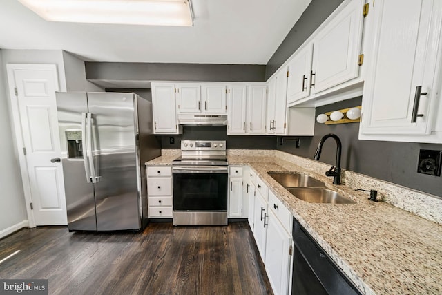9946 Canvasback Way, Damascus, MD 20872 - kitchen with stainless steel appliances, under cabinet range hood, dark wood finished floors, and white cabinetry