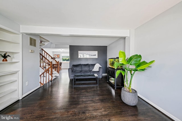9946 Canvasback Way, Damascus, MD 20872 - living room featuring stairway, wood finished floors, and built in shelves