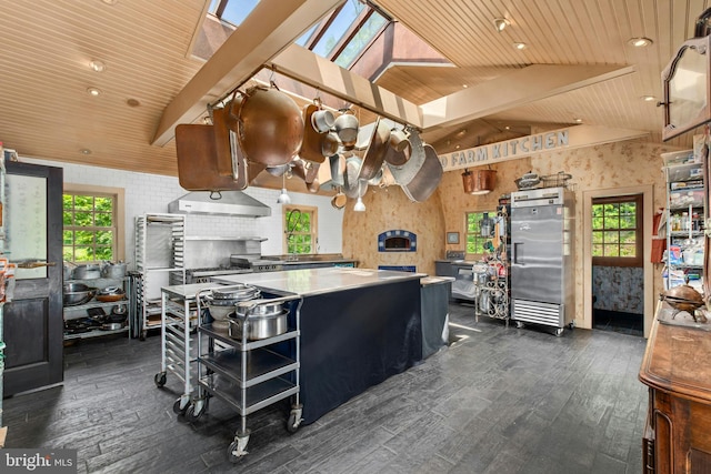 282 Crabapple Ln, East Stroudsburg, PA 18302 - kitchen featuring stainless steel fridge, wood ceiling, a center island, dark wood finished floors, and healthy amount of natural light