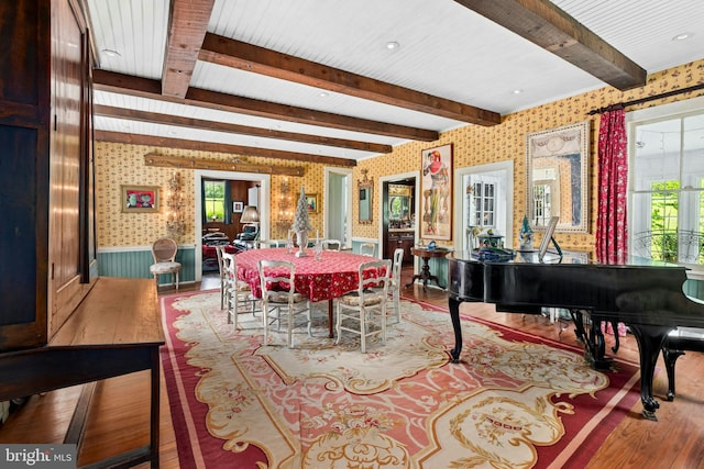 282 Crabapple Ln, East Stroudsburg, PA 18302 - dining area featuring wallpapered walls, wood finished floors, beam ceiling, and a wainscoted wall