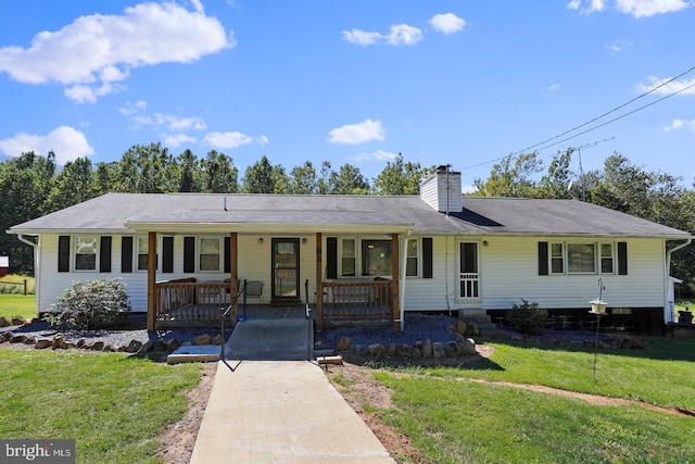 82 Broad Run Rd, Bentonville, VA 22610 - ranch-style home with covered porch, a front lawn, and a chimney