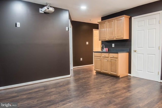 114 Herndon Mill Cir, Herndon, VA 20170 - kitchen with dark wood finished floors, light brown cabinets, dark countertops, and recessed lighting