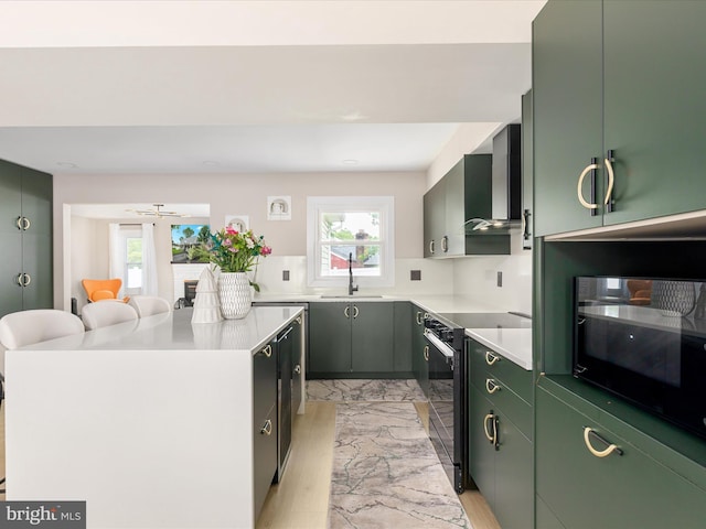 13222 Parson Ln, Fairfax, VA 22033 - kitchen with black appliances, wall chimney exhaust hood, healthy amount of natural light, and a kitchen island