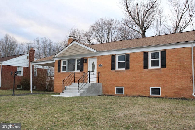 7107 Loch Raven Rd, Temple Hills, MD 20748 - view of front of house featuring brick siding, a front yard, a chimney, and roof with shingles