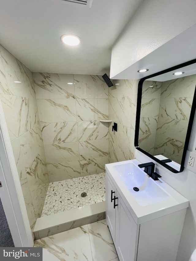 6610 N Smedley St, Philadelphia, PA 19126 - full bathroom with vanity, a marble finish shower, and marble finish flooring