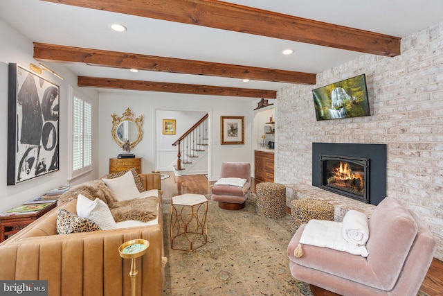 4704 Sweetbriar Cir, Emmaus, PA 18049 - living room featuring a fireplace, recessed lighting, stairs, beamed ceiling, and wood finished floors