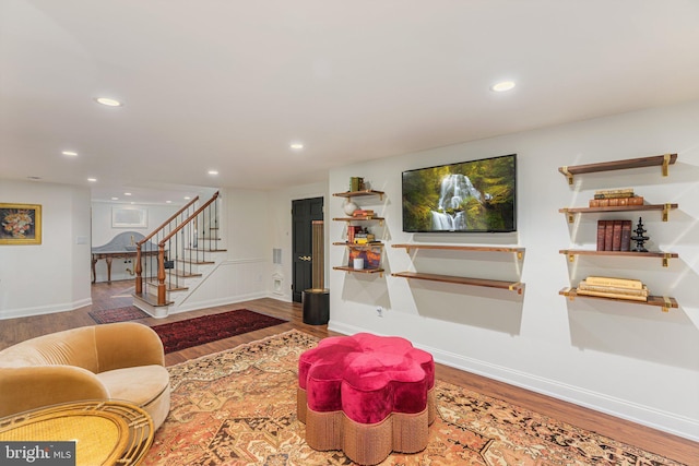 4704 Sweetbriar Cir, Emmaus, PA 18049 - living area with stairs, wood finished floors, and recessed lighting
