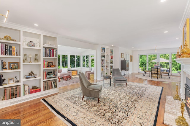 4704 Sweetbriar Cir, Emmaus, PA 18049 - living area with light wood-type flooring, a premium fireplace, and recessed lighting