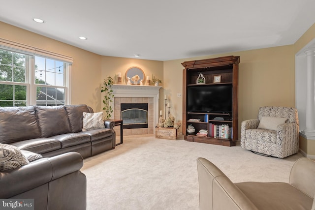 1817 Old Farm Ln, Lancaster, PA 17602 - living room with carpet floors, a tiled fireplace, and recessed lighting
