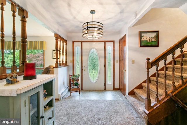 848 Rapp Rd, Howard, PA 16841 - foyer with stairway, a baseboard heating unit, and a chandelier