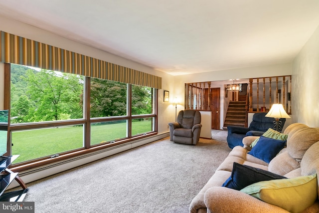 848 Rapp Rd, Howard, PA 16841 - carpeted living area featuring stairs, a baseboard heating unit, and a chandelier