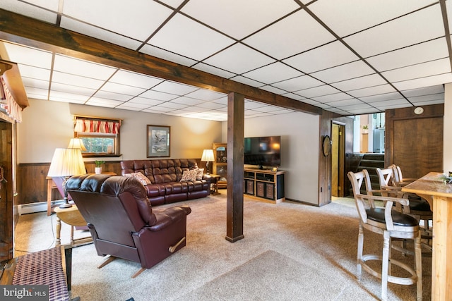 848 Rapp Rd, Howard, PA 16841 - living area with a drop ceiling, baseboard heating, carpet, a wainscoted wall, and wooden walls