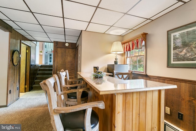 848 Rapp Rd, Howard, PA 16841 - office with wooden walls, a baseboard radiator, a drop ceiling, carpet floors, and wainscoting