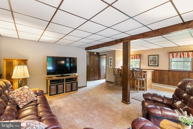 848 Rapp Rd, Howard, PA 16841 - carpeted living room with baseboard heating, a bar, a paneled ceiling, wainscoting, and wooden walls
