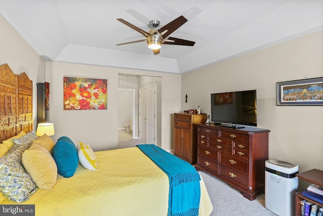 8608 Fluttering Leaf Trl Unit 208, Odenton, MD 21113 - bedroom featuring light colored carpet, a tray ceiling, a ceiling fan, ensuite bathroom, and a closet
