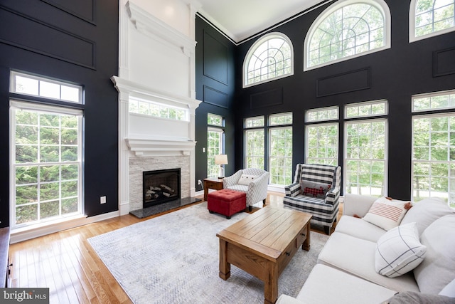 1568 Tattersall, West Chester, PA 19380 - living area with a high ceiling, healthy amount of natural light, hardwood / wood-style floors, and a fireplace