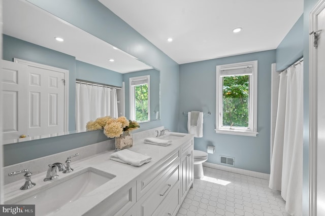 130 Hunt Valley Cir, Berwyn, PA 19312 - full bath with double vanity, recessed lighting, a shower with shower curtain, and tile patterned floors