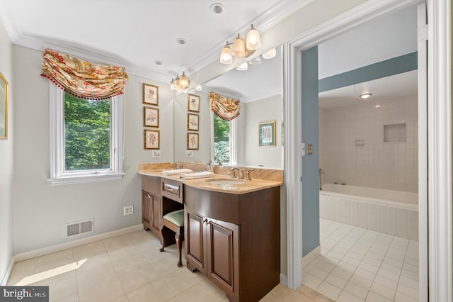 130 Hunt Valley Cir, Berwyn, PA 19312 - full bathroom with double vanity, tile patterned flooring, ornamental molding, and tiled tub