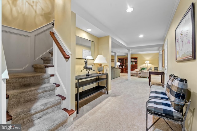 130 Hunt Valley Cir, Berwyn, PA 19312 - staircase with carpet, recessed lighting, decorative columns, and ornamental molding