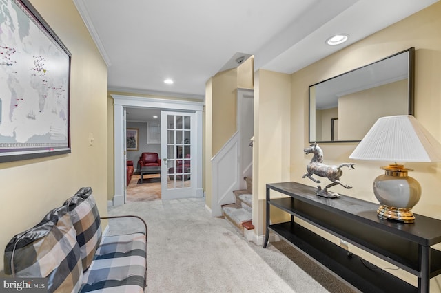 130 Hunt Valley Cir, Berwyn, PA 19312 - corridor with recessed lighting, carpet floors, ornamental molding, and stairs