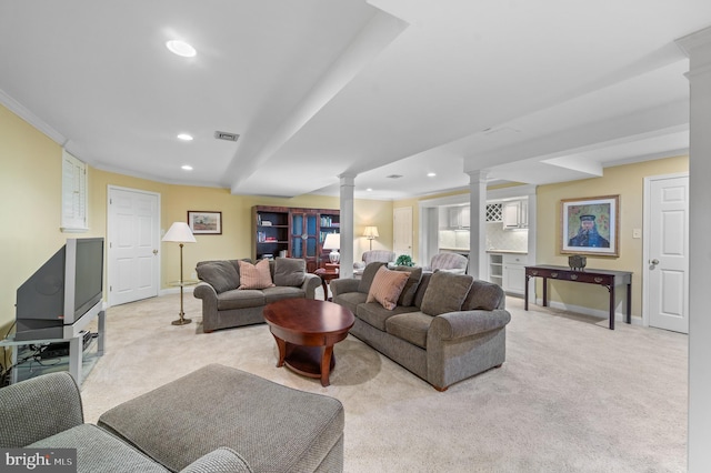 130 Hunt Valley Cir, Berwyn, PA 19312 - living room featuring decorative columns, light carpet, recessed lighting, and ornamental molding