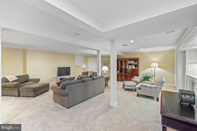 130 Hunt Valley Cir, Berwyn, PA 19312 - carpeted living area featuring recessed lighting, ornamental molding, and decorative columns